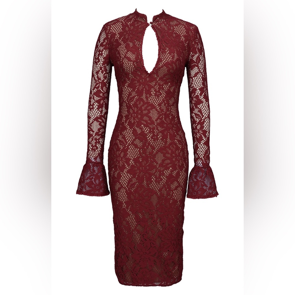 House of CB Pierette Dress Rhubarb Red Small Long Sleeve Body Con Midi Lace S
